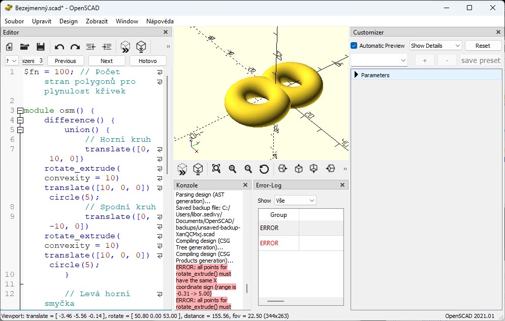 Ležatá osmička v programu OpenSCAD
